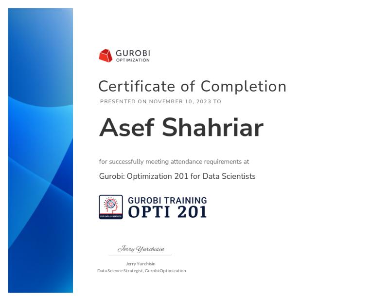 Gurobi Optimization Certificate