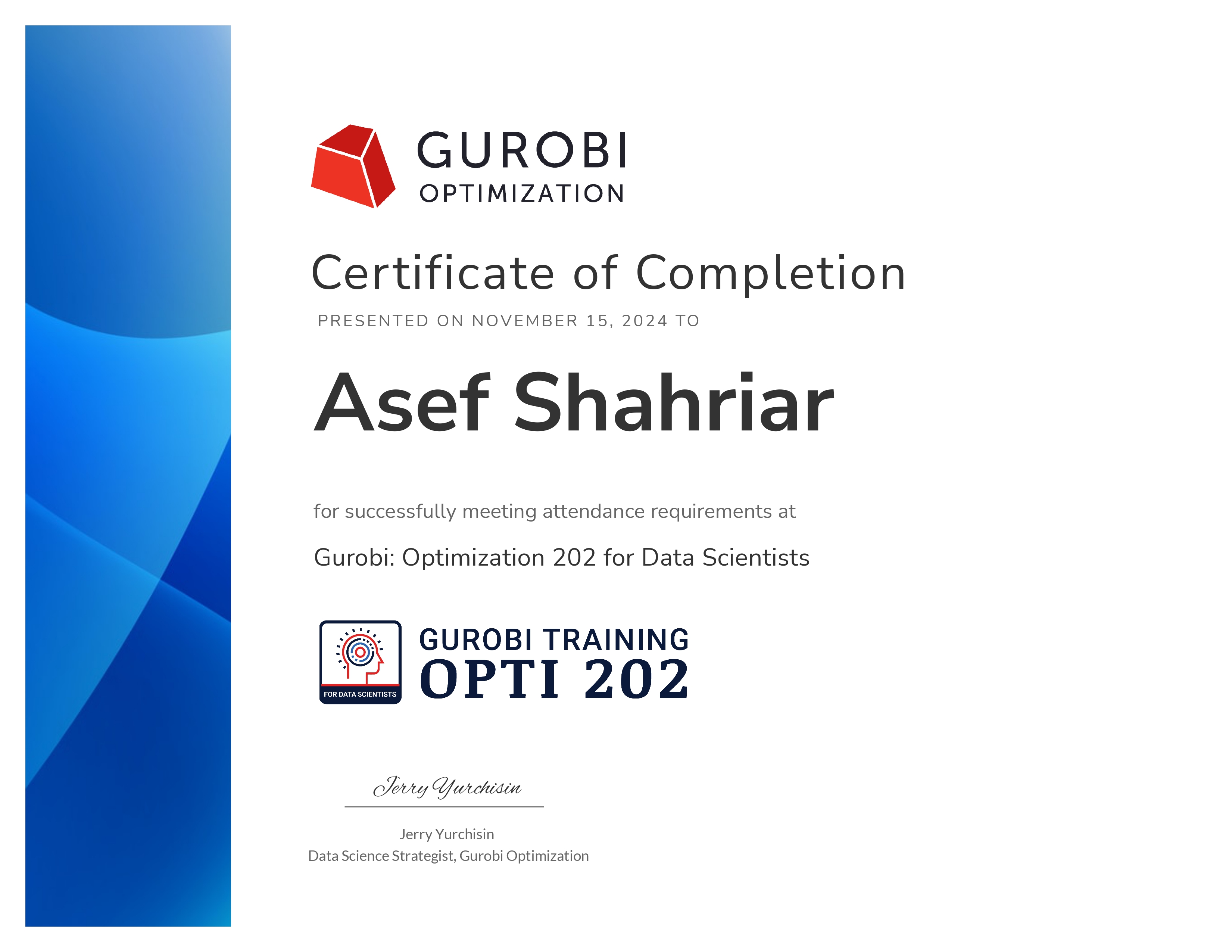 Gurobi Optimization Certificate